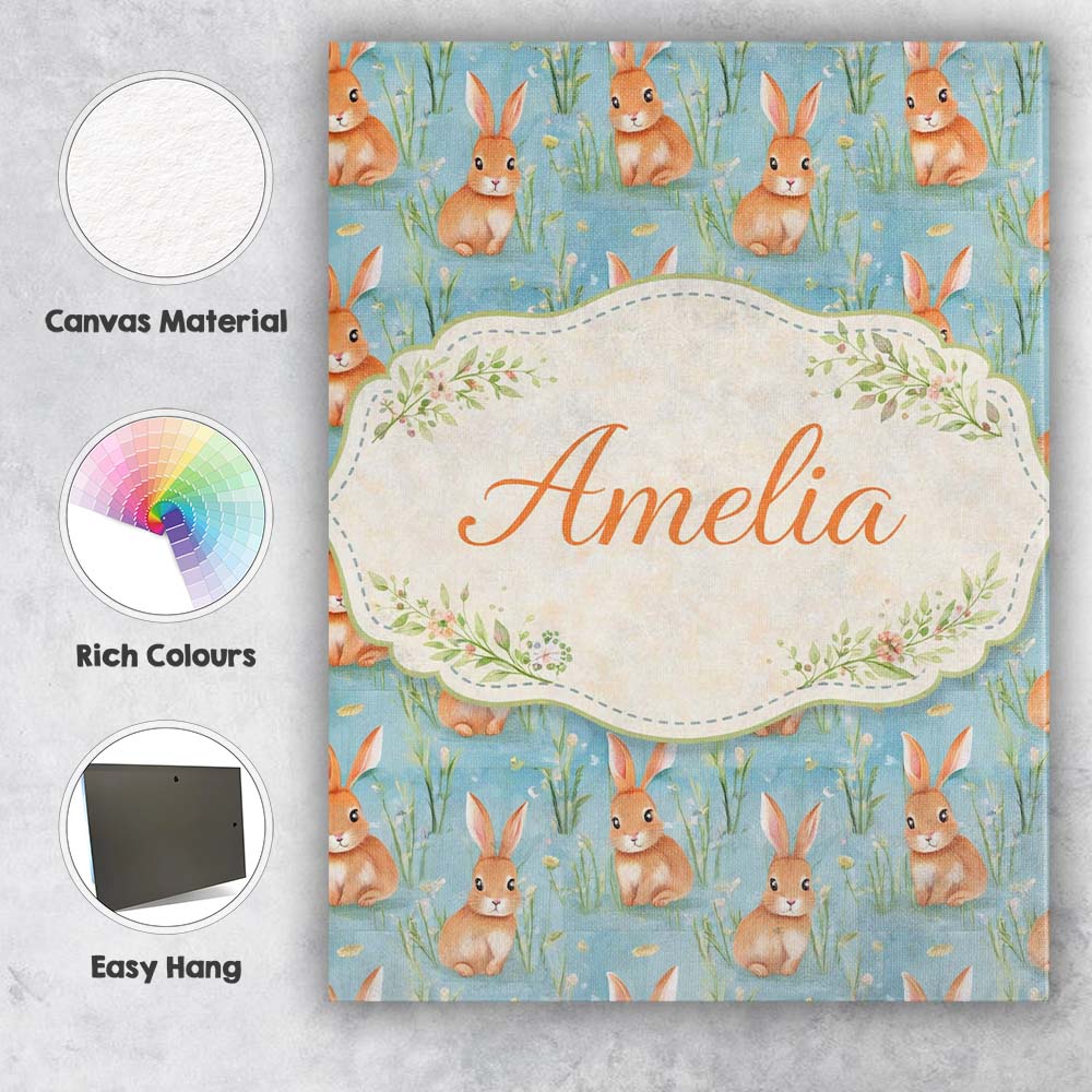 Personalised Name Soft Watercolor Bunny Meadow Light Blue Seamless Custom Unique Canvas Wall Art Print Decor Picture Ready to Hang
