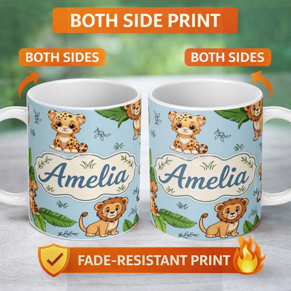 Personalized Custom Name Cute Jungle Animals Leaves Seamless Pattern Perfect Gift for Her 11oz Ceramic Coffee Tea Mug White Large Handle