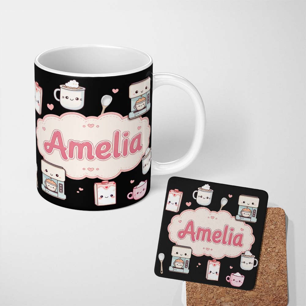 Personalized Custom Name Cute Kawaii Coffee Maker Kitchen Items Seamless Pattern Name Unique 11oz Ceramic Coffee Tea Mug White Large Handle