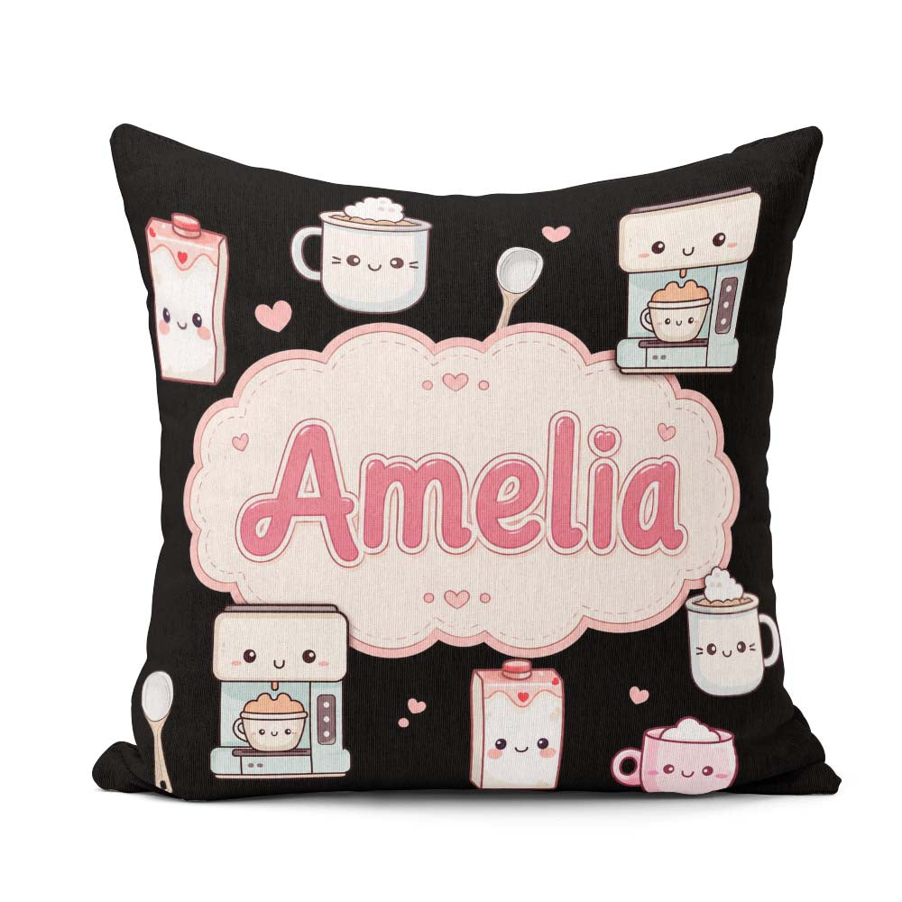 Custom Name Cute Kawaii Coffee Maker Items Seamless Pattern Name Square Filled Cushion Throw Pillow Sofa Bed Home Decor Zip Washable UK Made