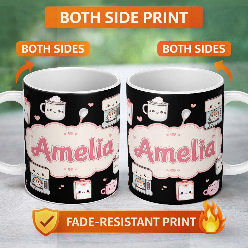 Personalized Custom Name Cute Kawaii Coffee Maker Kitchen Items Seamless Pattern Name Unique 11oz Ceramic Coffee Tea Mug White Large Handle