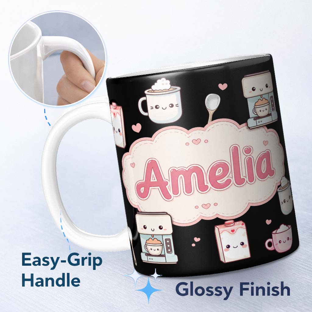 Personalized Custom Name Cute Kawaii Coffee Maker Kitchen Items Seamless Pattern Name Unique 11oz Ceramic Coffee Tea Mug White Large Handle