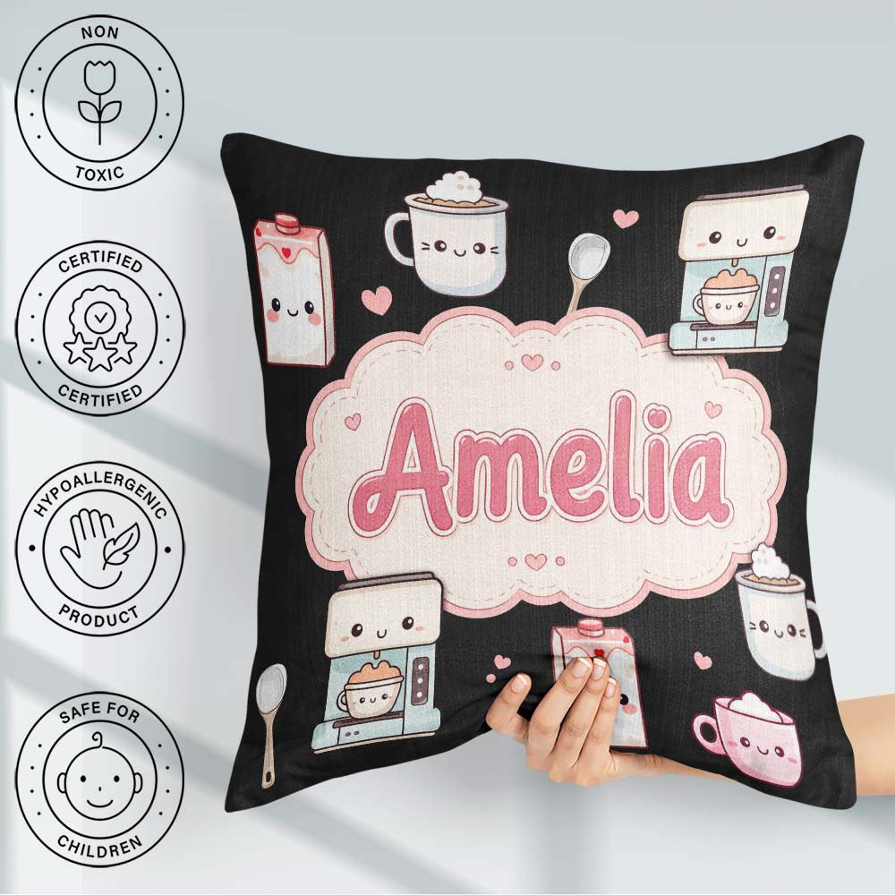 Custom Name Cute Kawaii Coffee Maker Items Seamless Pattern Name Square Filled Cushion Throw Pillow Sofa Bed Home Decor Zip Washable UK Made