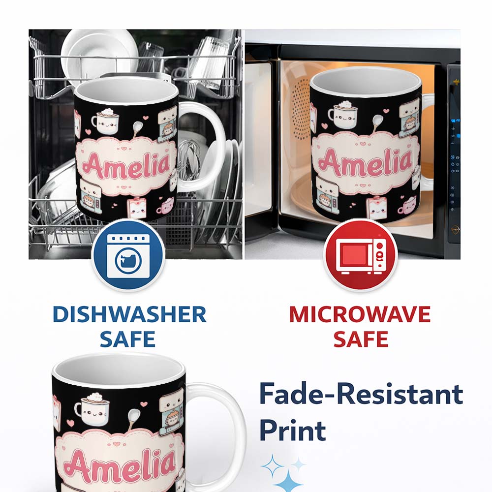 Personalized Custom Name Cute Kawaii Coffee Maker Kitchen Items Seamless Pattern Name Unique 11oz Ceramic Coffee Tea Mug White Large Handle