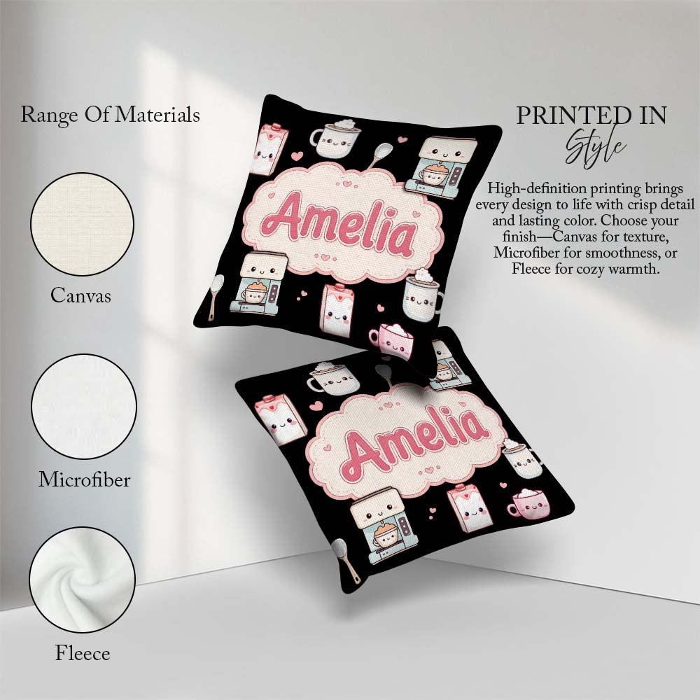 Custom Name Cute Kawaii Coffee Maker Items Seamless Pattern Name Square Filled Cushion Throw Pillow Sofa Bed Home Decor Zip Washable UK Made
