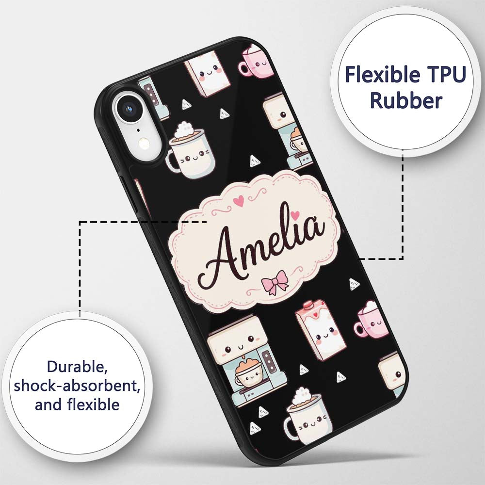 Cute Kawaii Coffee Machine Milk Carton Seamless Custom Name Protective Phone Case Mobile Cover Durable Everyday Smartphone Shock Resistant