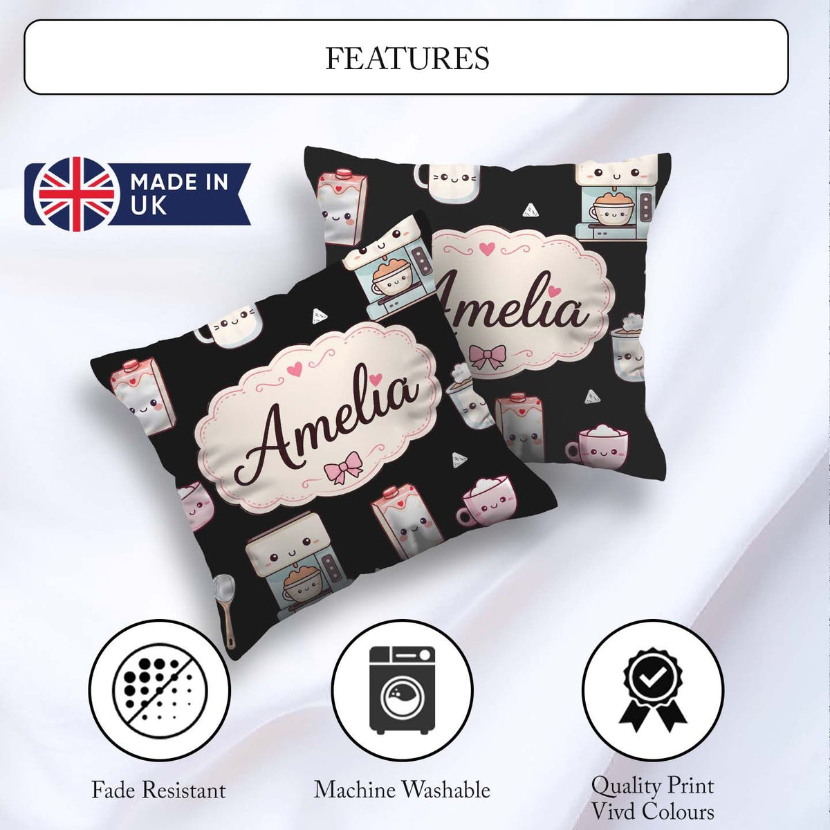 Custom Name Kawaii Machine Milk Carton Seamless Pattern Name Square Filled Cushion Throw Pillow Sofa Bed Home Decor Zip Washable UK Made
