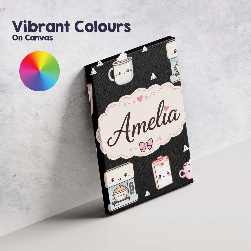 Personalised Name Cute Kawaii Coffee Custom Premium Decorative Design Modern Room Accent Canvas Wall Art Print Decor Picture Ready to Hang