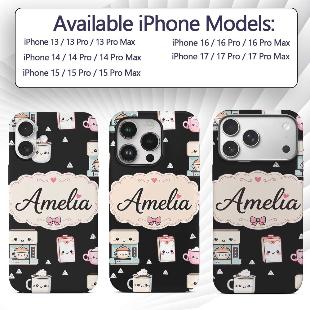 Cute Kawaii Coffee Machine Milk Carton Seamless Custom Name Protective Phone Case Mobile Cover Durable Everyday Smartphone Shock Resistant