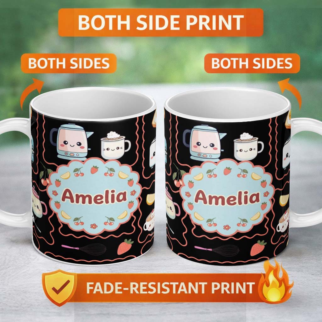 Personalized Custom Name Cute Kawaii Mixer Appliance Fruit Kitchen Seamless Pattern Name 11oz Ceramic Coffee Tea Mug White Large Handle