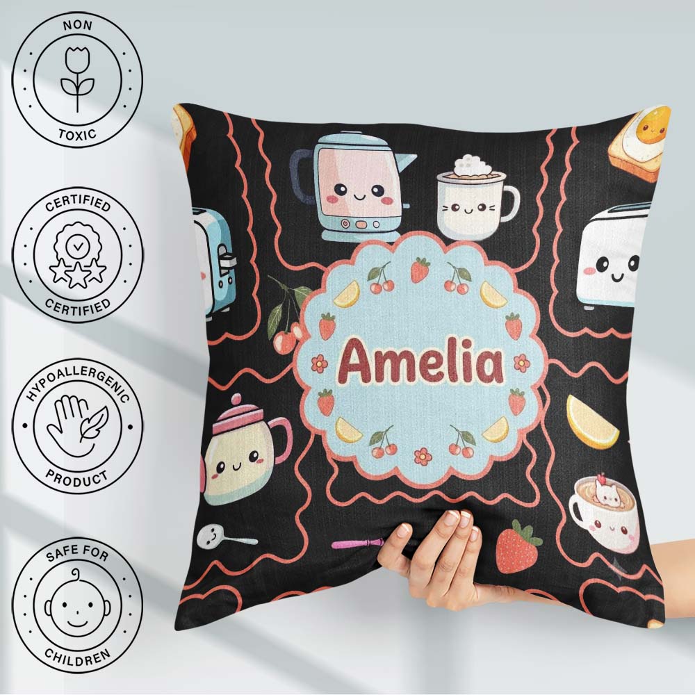 Custom Name Kawaii Mixer Appliance Fruit Seamless Pattern Name Square Filled Cushion Throw Pillow Sofa Bed Home Decor Zip Washable UK Made