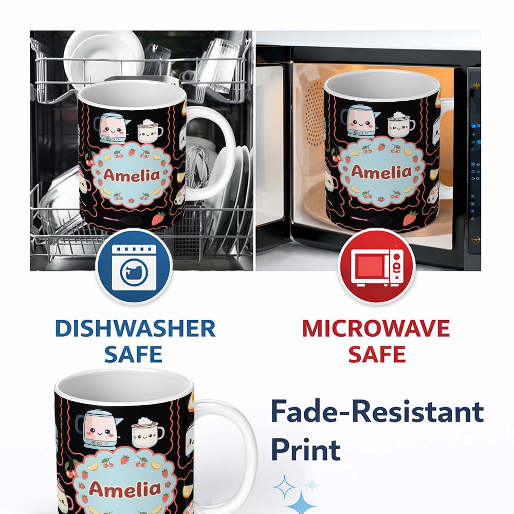 Personalized Custom Name Cute Kawaii Mixer Appliance Fruit Kitchen Seamless Pattern Name 11oz Ceramic Coffee Tea Mug White Large Handle