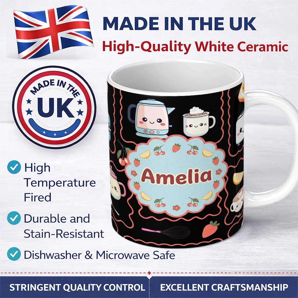 Personalized Custom Name Cute Kawaii Mixer Appliance Fruit Kitchen Seamless Pattern Name 11oz Ceramic Coffee Tea Mug White Large Handle