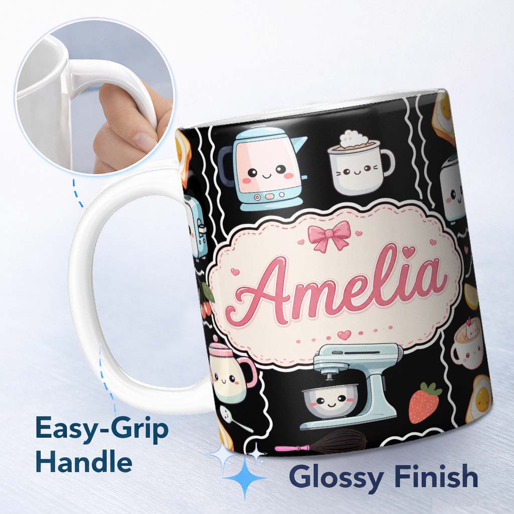 Personalized Custom Name Cute Kawaii Sushi Rice Cooker Japanese Food Seamless Pattern Name 11oz Ceramic Coffee Tea Mug White Large Handle