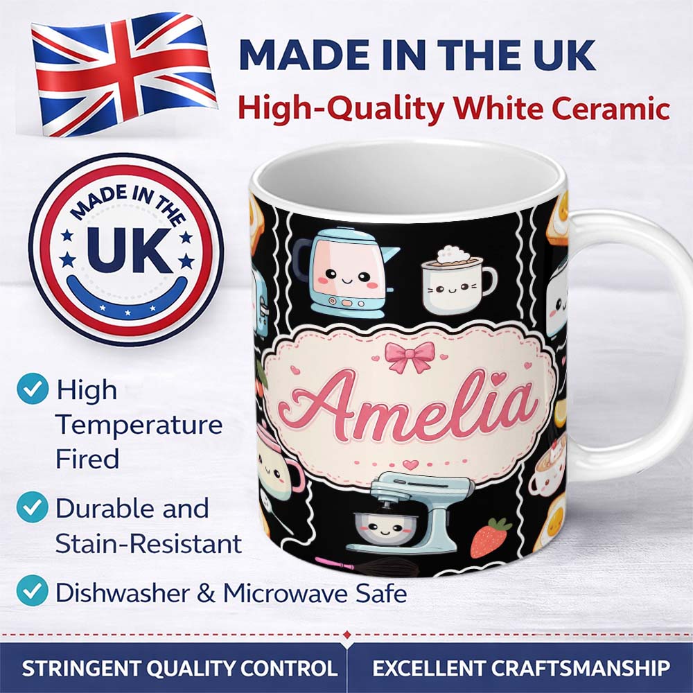 Personalized Custom Name Cute Kawaii Sushi Rice Cooker Japanese Food Seamless Pattern Name 11oz Ceramic Coffee Tea Mug White Large Handle