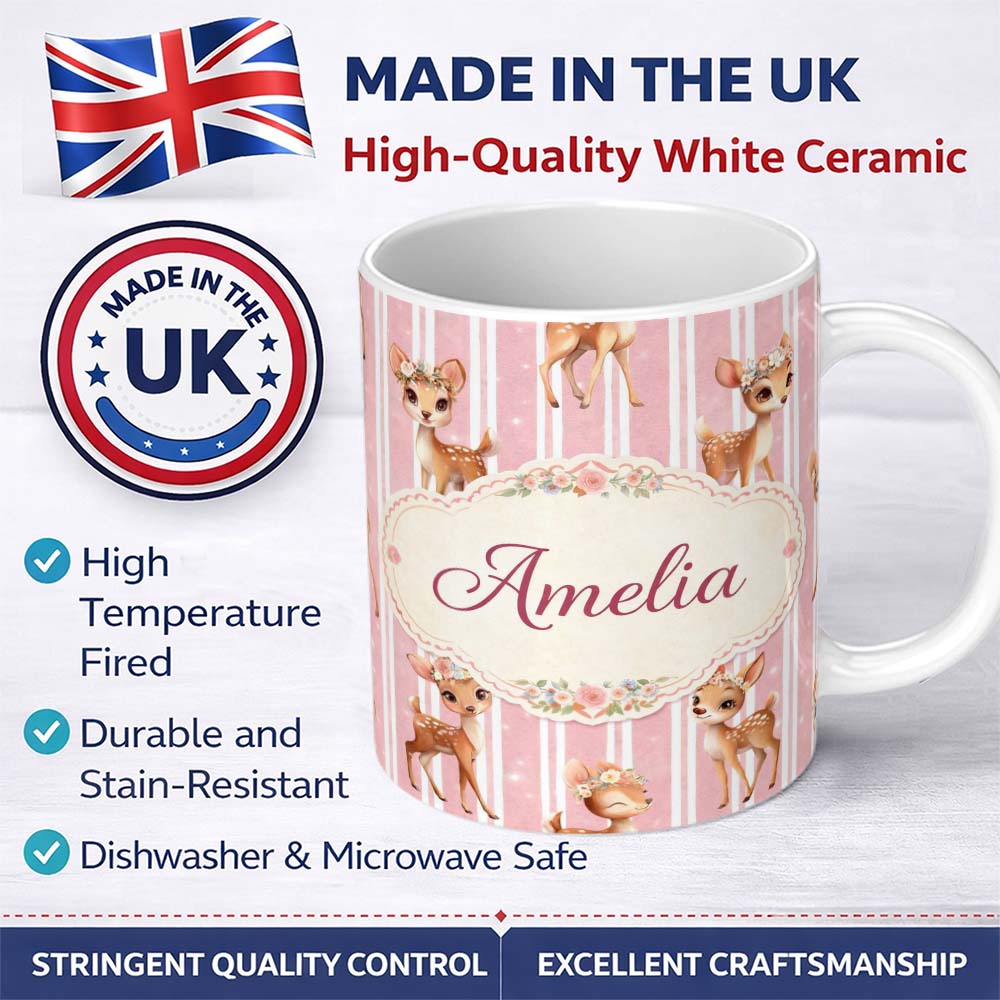 Personalized Custom Name Cute Baby Deer Pink Stripes Floral Crown Seamless Pattern Lovely 11oz Ceramic Coffee Tea Mug White Large Handle