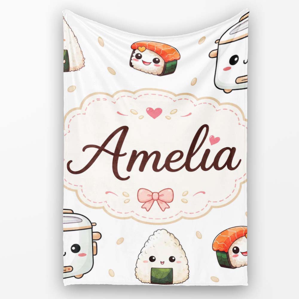 Cute Kawaii Sushi Rice Bowl Appliances Seamless Pattern Name Personalised Custom Name Super Soft Fleece Blanket Bed Sofa Throw