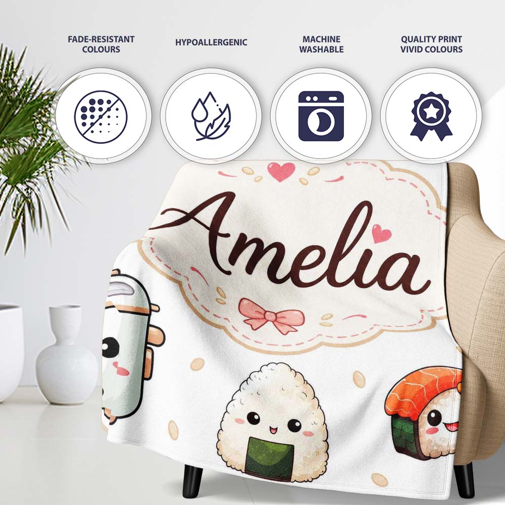 Cute Kawaii Sushi Rice Bowl Appliances Seamless Pattern Name Personalised Custom Name Super Soft Fleece Blanket Bed Sofa Throw