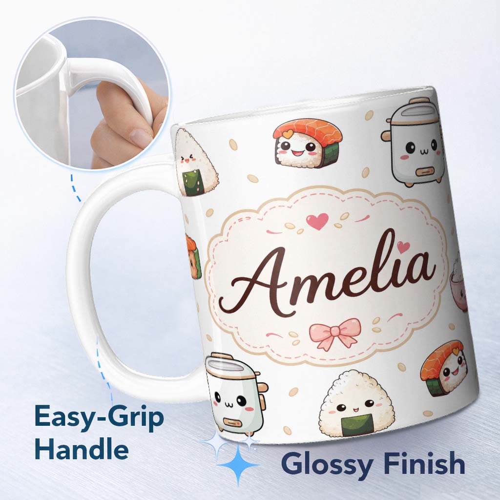 Personalized Custom Name Cute Kawaii Sushi Rice Bowl Kitchen Appliances Seamless Pattern Name 11oz Ceramic Coffee Tea Mug White Large Handle