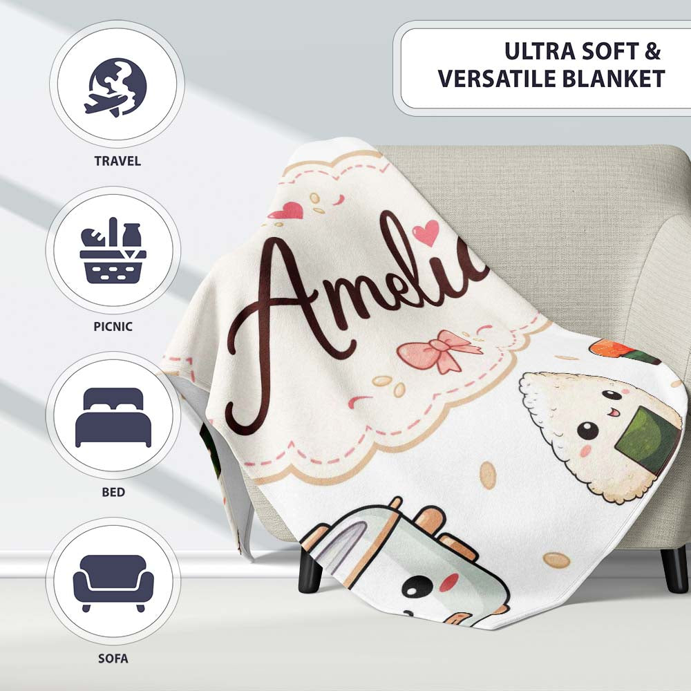 Cute Kawaii Sushi Rice Bowl Appliances Seamless Pattern Name Personalised Custom Name Super Soft Fleece Blanket Bed Sofa Throw