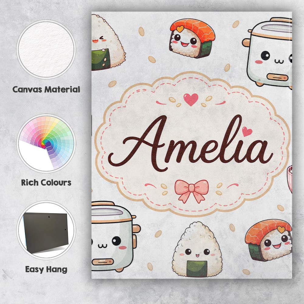 Personalised Name Cute Kawaii Sushi Rice Custom Unique Gift Idea Elegant Feature Canvas Wall Art Print Decor Picture Ready to Hang