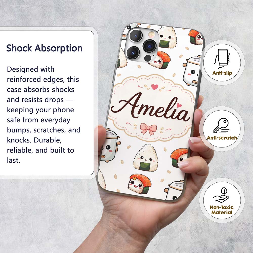 Cute Kawaii Sushi Rice Bowl Appliances Seamless Custom Name Protective Phone Case Mobile Cover Durable Everyday Smartphone Shock Resistant