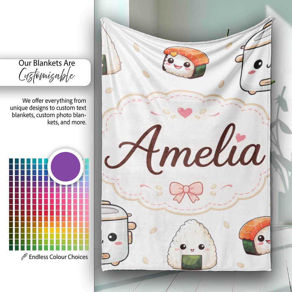 Cute Kawaii Sushi Rice Bowl Appliances Seamless Pattern Name Personalised Custom Name Super Soft Fleece Blanket Bed Sofa Throw