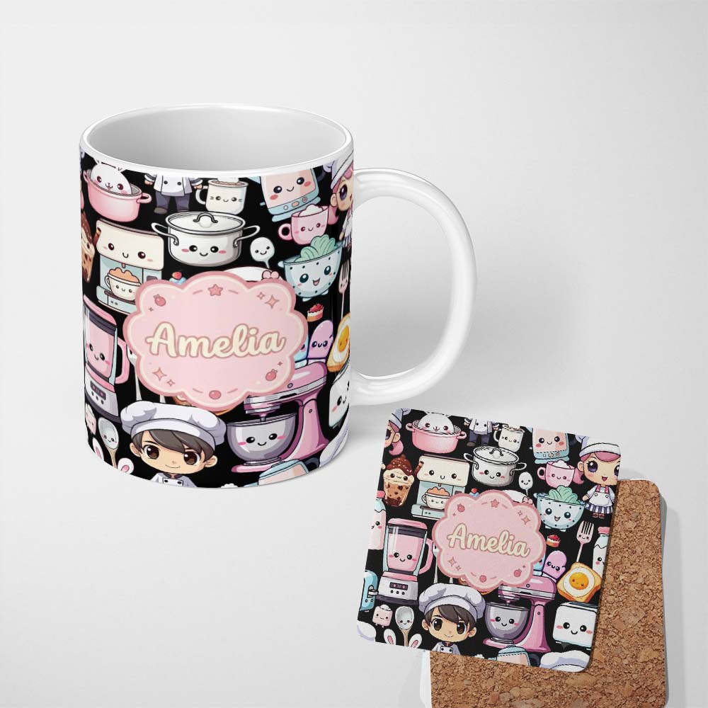 Personalized Custom Name Cute Kawaii Baking Girl Kitchen Utensils Seamless Pattern Name 11oz Ceramic Coffee Tea Mug White Large Handle