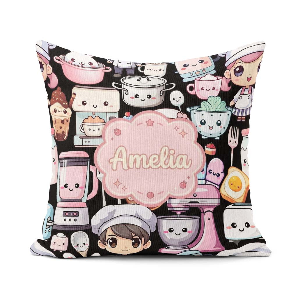 Custom Name Kawaii Baking Girl Utensils Seamless Pattern Name Square Filled Cushion Throw Pillow Sofa Bed Home Decor Zip Washable UK Made