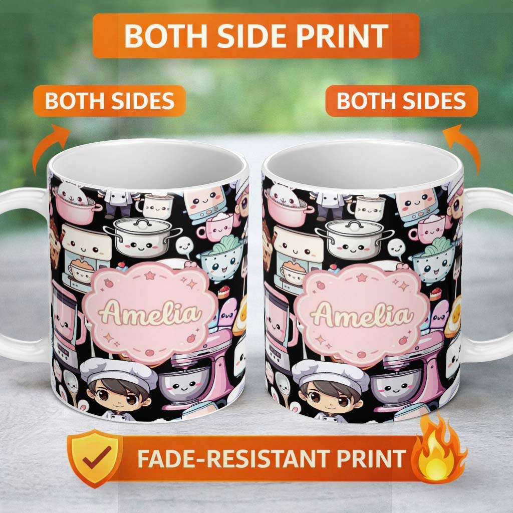 Personalized Custom Name Cute Kawaii Baking Girl Kitchen Utensils Seamless Pattern Name 11oz Ceramic Coffee Tea Mug White Large Handle