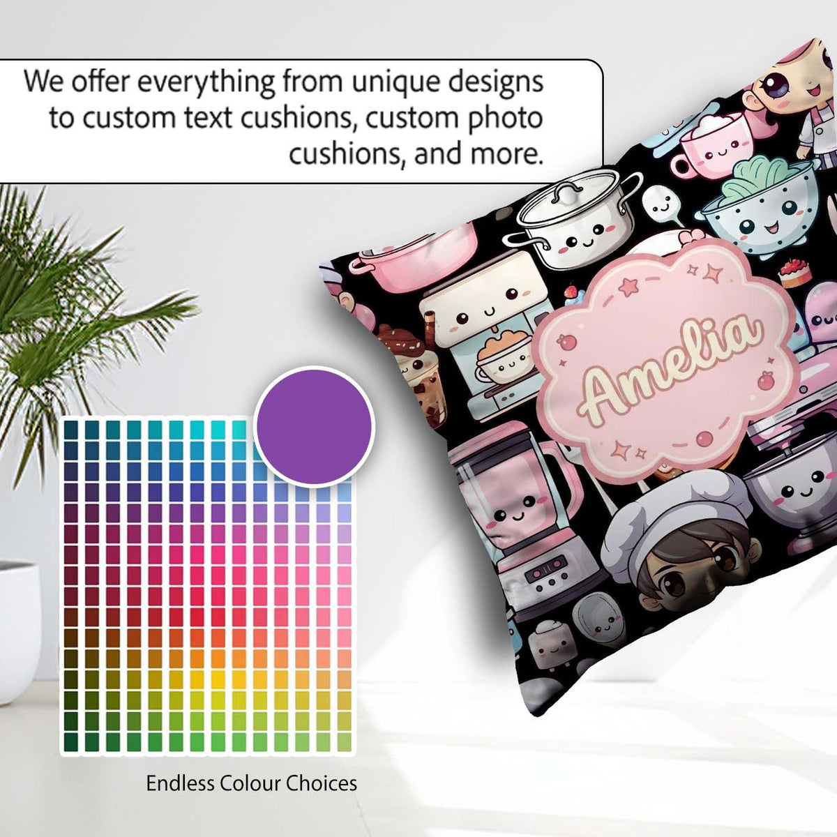 Custom Name Kawaii Baking Girl Utensils Seamless Pattern Name Square Filled Cushion Throw Pillow Sofa Bed Home Decor Zip Washable UK Made
