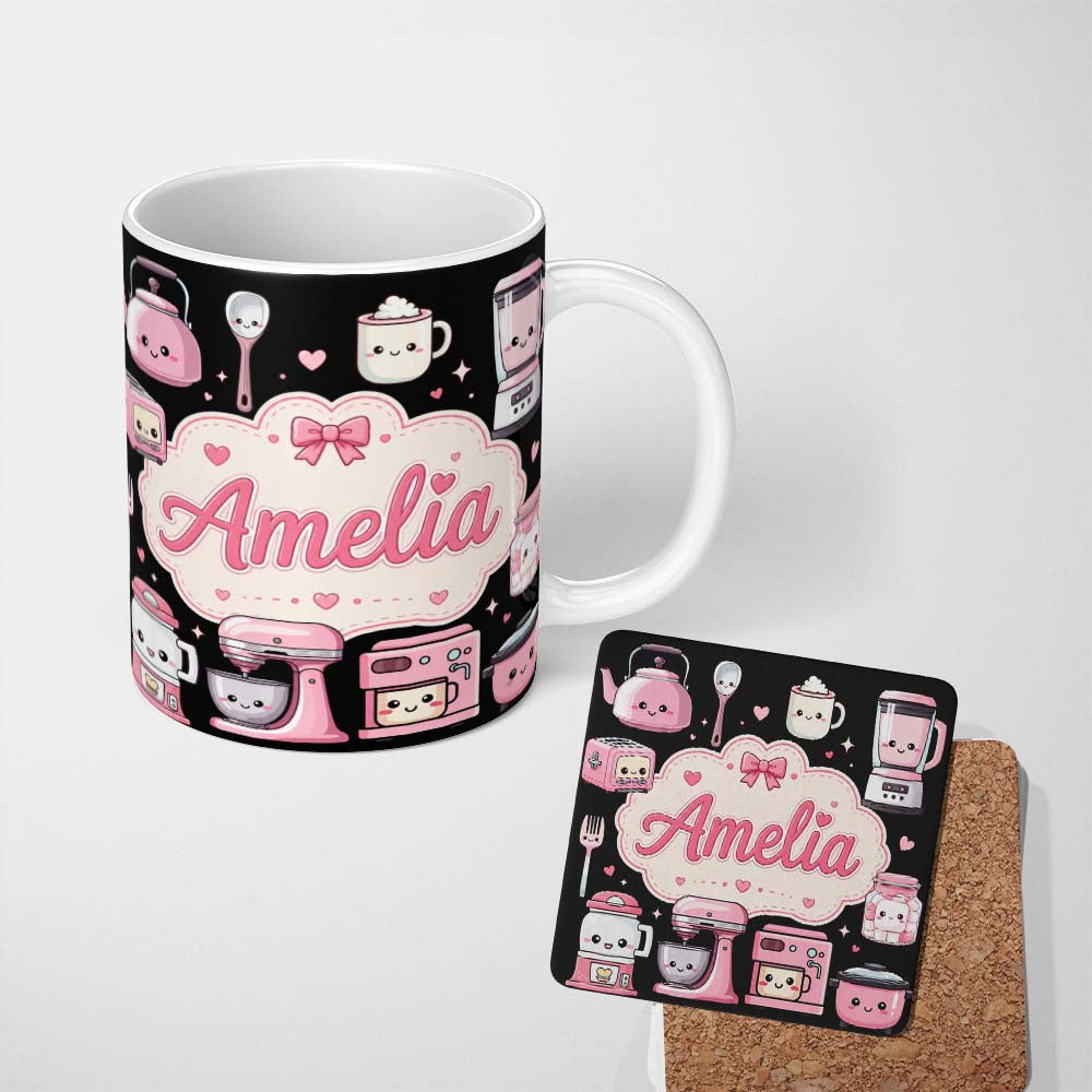 Personalized Custom Name Cute Kawaii Kitchen Appliances Mixer Toaster Seamless Pattern Name 11oz Ceramic Coffee Tea Mug White Large Handle