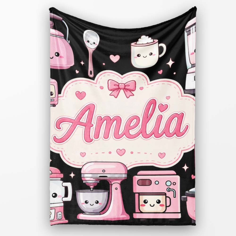 Cute Kawaii Appliances Mixer Toaster Seamless Pattern Name Personalised Custom Name Super Soft Fleece Blanket Bed Sofa Throw