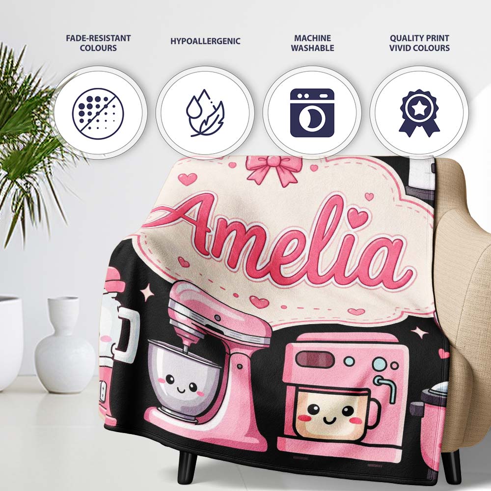 Cute Kawaii Appliances Mixer Toaster Seamless Pattern Name Personalised Custom Name Super Soft Fleece Blanket Bed Sofa Throw
