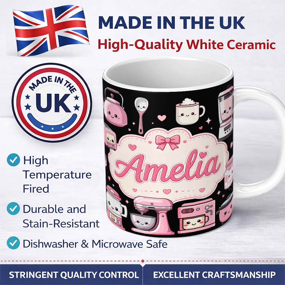 Personalized Custom Name Cute Kawaii Kitchen Appliances Mixer Toaster Seamless Pattern Name 11oz Ceramic Coffee Tea Mug White Large Handle