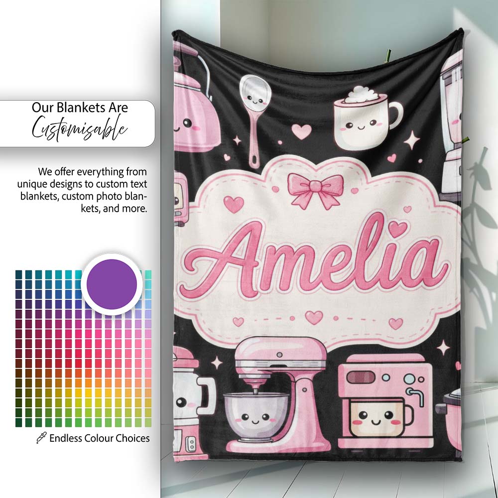 Cute Kawaii Appliances Mixer Toaster Seamless Pattern Name Personalised Custom Name Super Soft Fleece Blanket Bed Sofa Throw