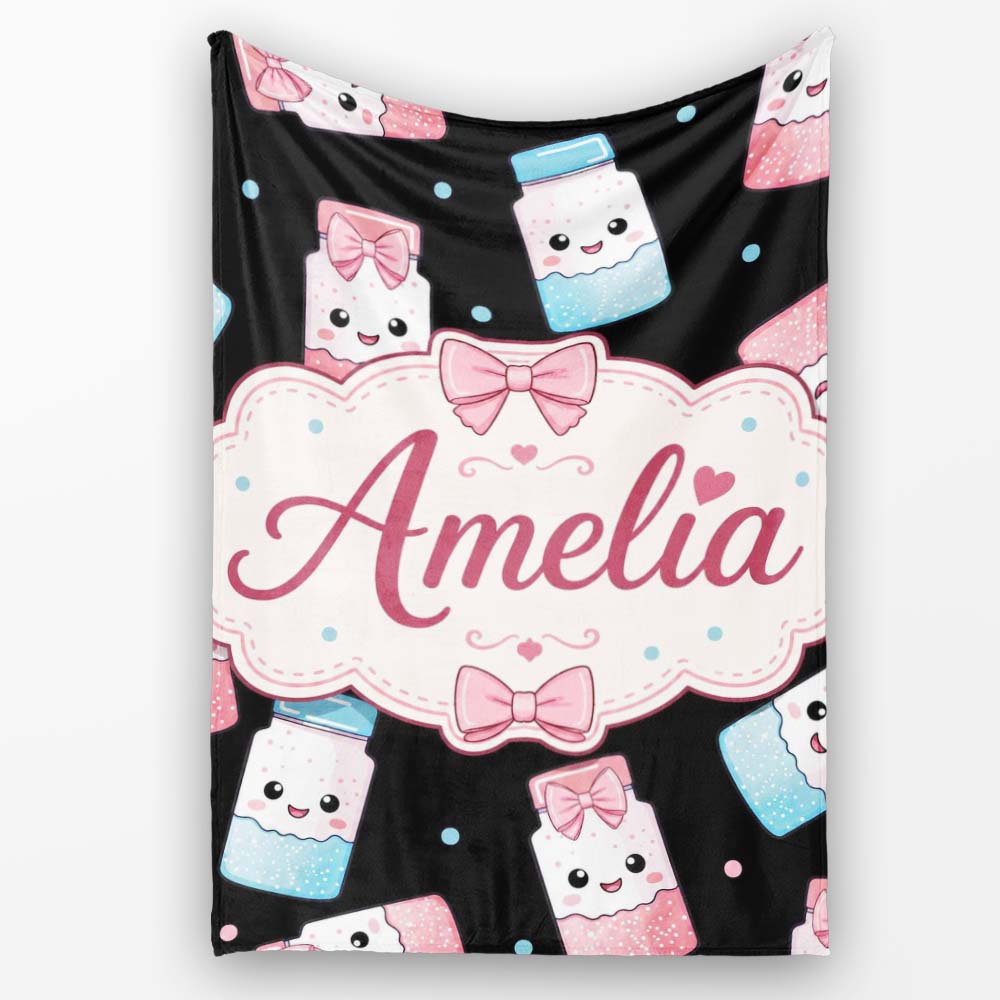 Cute Kawaii Sugar Jars Pink Blue Sprinkles Seamless Pattern Name Personalised Custom Name Super Soft Fleece Blanket Bed Sofa Throw