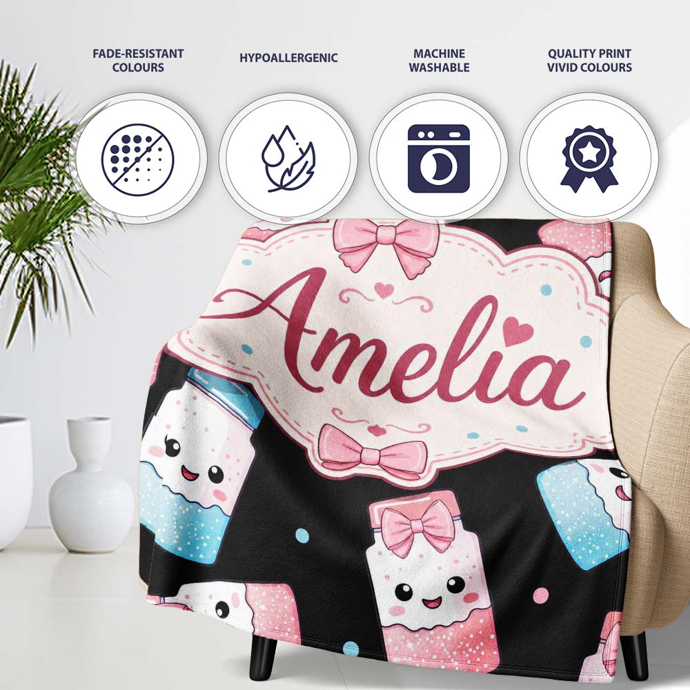 Cute Kawaii Sugar Jars Pink Blue Sprinkles Seamless Pattern Name Personalised Custom Name Super Soft Fleece Blanket Bed Sofa Throw
