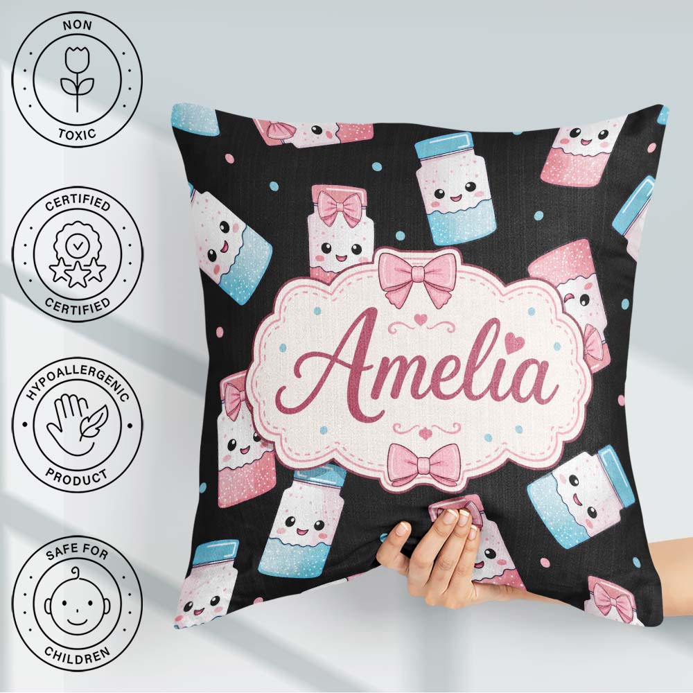Custom Name Sugar Jars Pink Blue Sprinkles Seamless Pattern Name Square Filled Cushion Throw Pillow Sofa Bed Home Decor Zip Washable UK Made