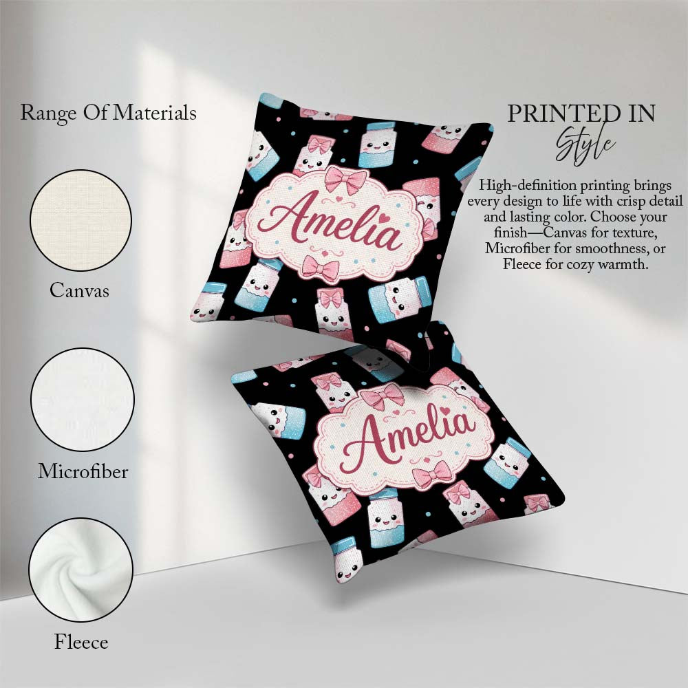 Custom Name Sugar Jars Pink Blue Sprinkles Seamless Pattern Name Square Filled Cushion Throw Pillow Sofa Bed Home Decor Zip Washable UK Made