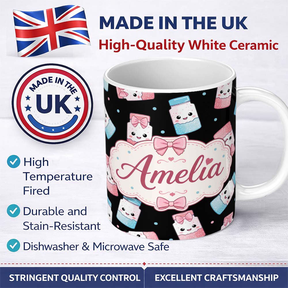 Personalized Custom Name Cute Kawaii Sugar Jars Pink Blue Sprinkles Seamless Pattern Name 11oz Ceramic Coffee Tea Mug White Large Handle