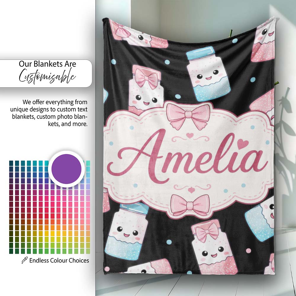 Cute Kawaii Sugar Jars Pink Blue Sprinkles Seamless Pattern Name Personalised Custom Name Super Soft Fleece Blanket Bed Sofa Throw