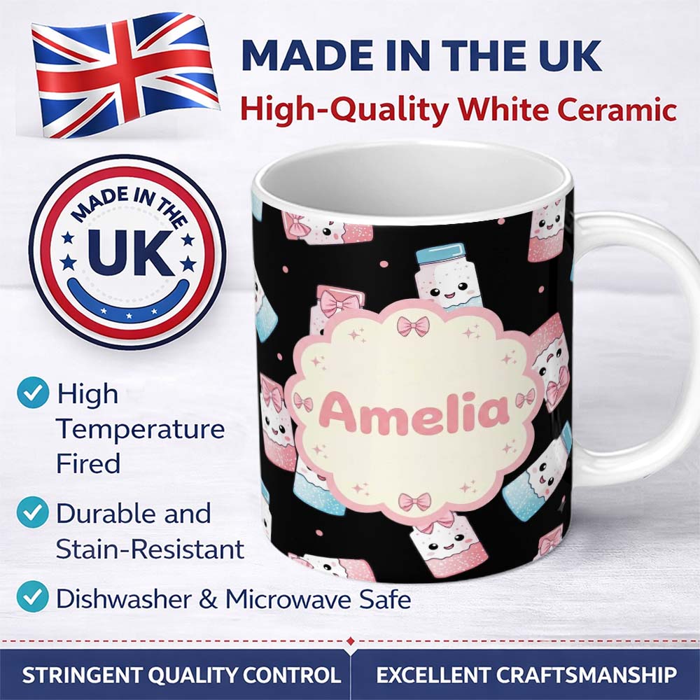 Personalized Custom Name Cute Kawaii Sugar Jars Pastel Sprinkle Pattern Seamless Name Unique 11oz Ceramic Coffee Tea Mug White Large Handle