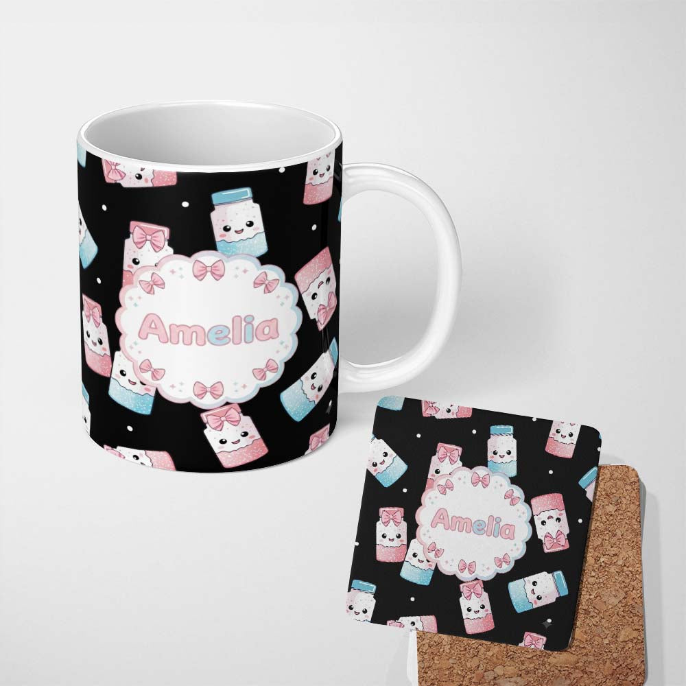 Personalized Custom Name Cute Kawaii Sugar Jars Sprinkle Pattern Seamless Name Unique Gift 11oz Ceramic Coffee Tea Mug White Large Handle