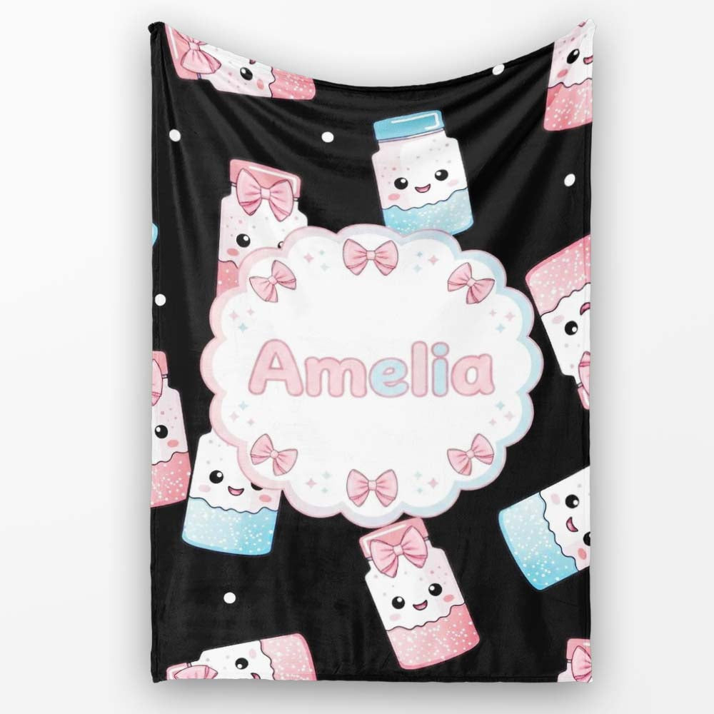 Cute Kawaii Sugar Jars Sprinkle Pattern Seamless Name Unique Gift Personalised Custom Name Super Soft Fleece Blanket Bed Sofa Throw