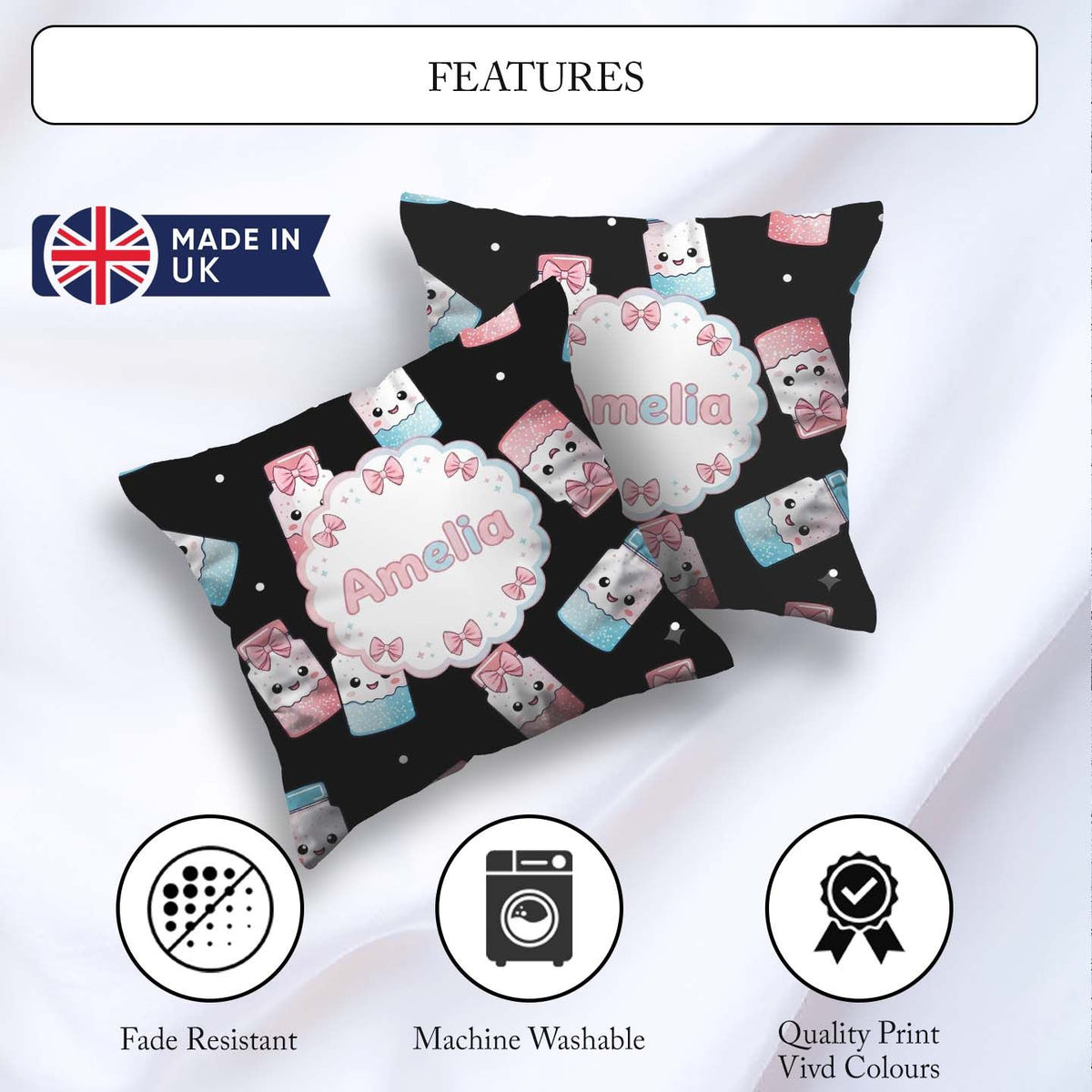 Custom Name Kawaii Sugar Jars Sprinkle Pattern Seamless Name Square Filled Cushion Throw Pillow Sofa Bed Home Decor Zip Washable UK Made