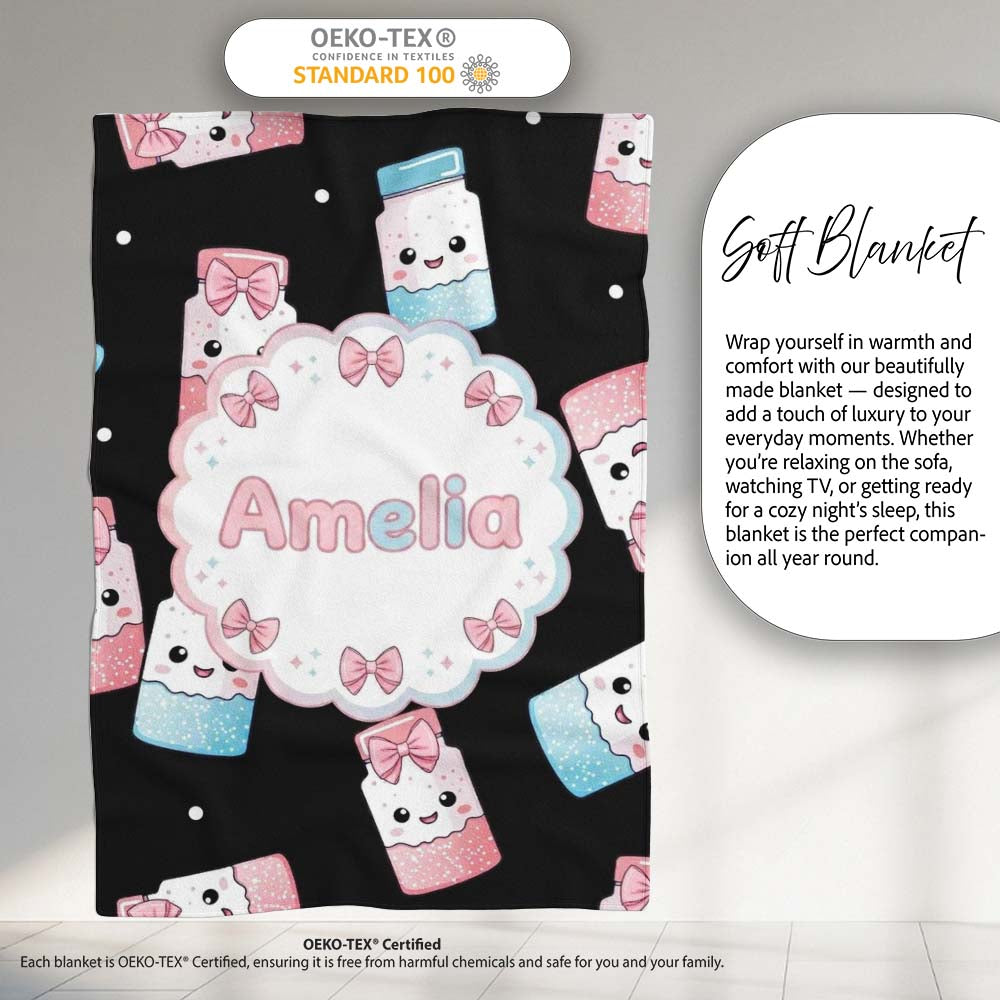 Cute Kawaii Sugar Jars Sprinkle Pattern Seamless Name Unique Gift Personalised Custom Name Super Soft Fleece Blanket Bed Sofa Throw