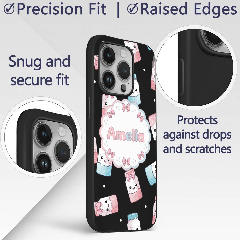 Cute Kawaii Sugar Jars Sprinkle Pattern Seamless Custom Name Protective Phone Case Mobile Cover Durable Everyday Smartphone Shock Resistant