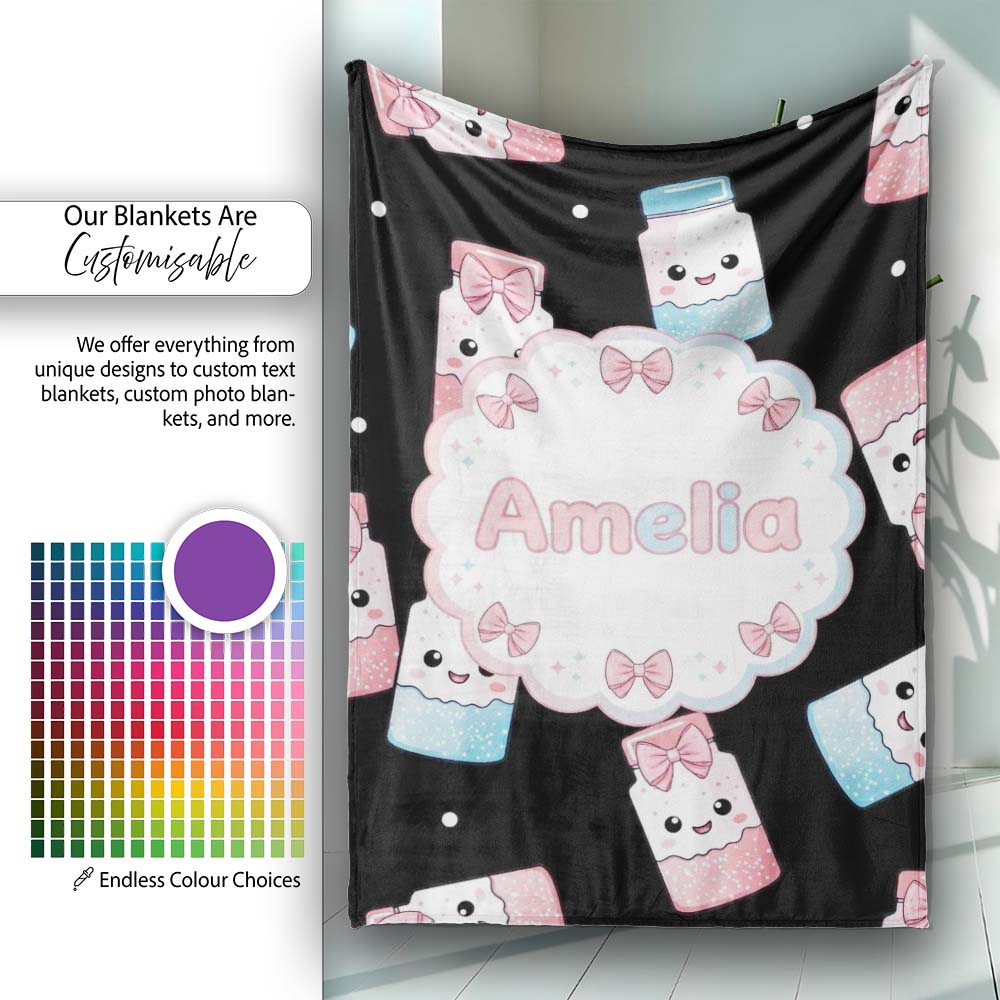 Cute Kawaii Sugar Jars Sprinkle Pattern Seamless Name Unique Gift Personalised Custom Name Super Soft Fleece Blanket Bed Sofa Throw
