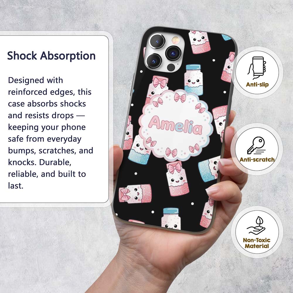 Cute Kawaii Sugar Jars Sprinkle Pattern Seamless Custom Name Protective Phone Case Mobile Cover Durable Everyday Smartphone Shock Resistant